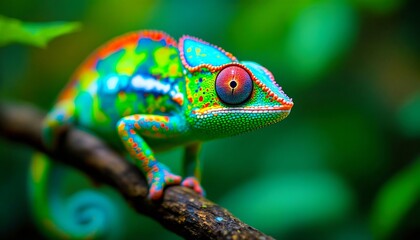 Vibrant chameleon perched on a branch, showcasing its iridescent scales and striking red eye against a lush green backdrop.