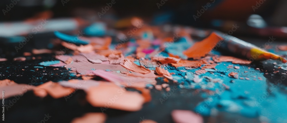 Poster colorful crayon shavings scattered on a hot surface creating vibrant abstract textures