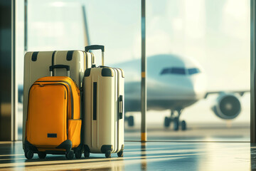 Colorful suitcases await travelers at the airport with an airplane preparing for departure in the background