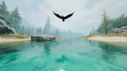 A majestic eagle soars over a pristine river, its reflection shimmering in the clear water, set against the backdrop of a tranquil mountain landscape. The scene evokes a sense of serenity and freedom.