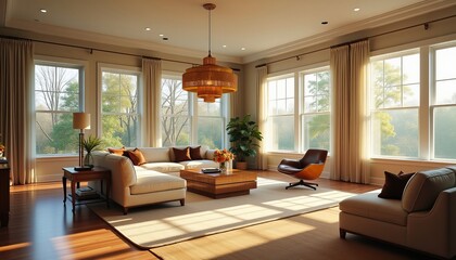 Fototapeta premium Sunlit living room with large windows, sectional sofa, and wooden coffee table. Warm, inviting atmosphere.