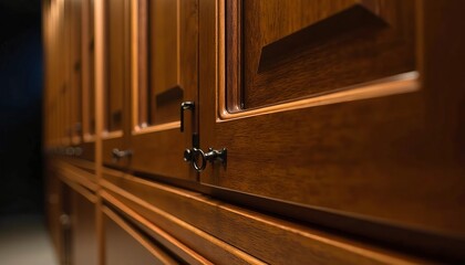Close-up of rich, dark wood cabinetry with antique-style keyhole hardware.  Elegant and detailed craftsmanship.