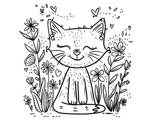 Cute Smiling Cat in Floral Garden. Doodle style. Can used for Coloring Page, tattoo, logo etc. Vector design.