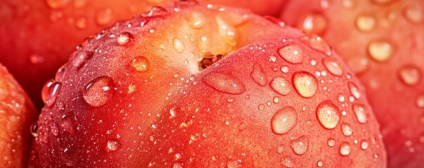 Background of fresh peaches with drops of water closeup