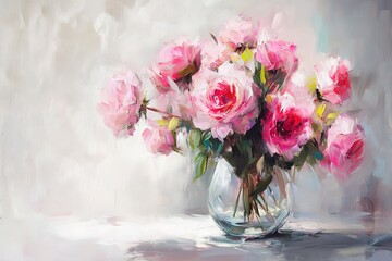 Obraz premium A Delicate Arrangement of Pink Roses in a Glass Vase.