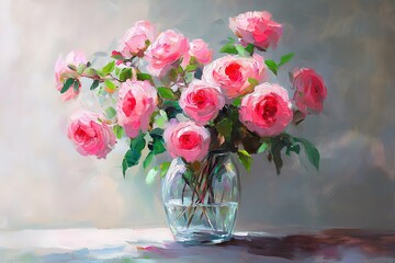 Obraz premium A Delicate Arrangement of Pink Roses in a Glass Vase.