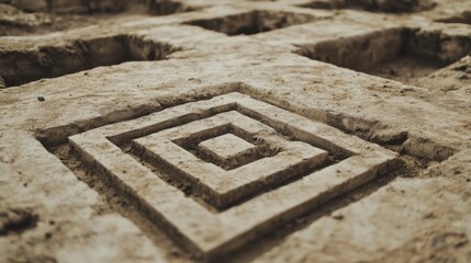 Close-up of an archaeological dig site revealing a square pattern in the earth.