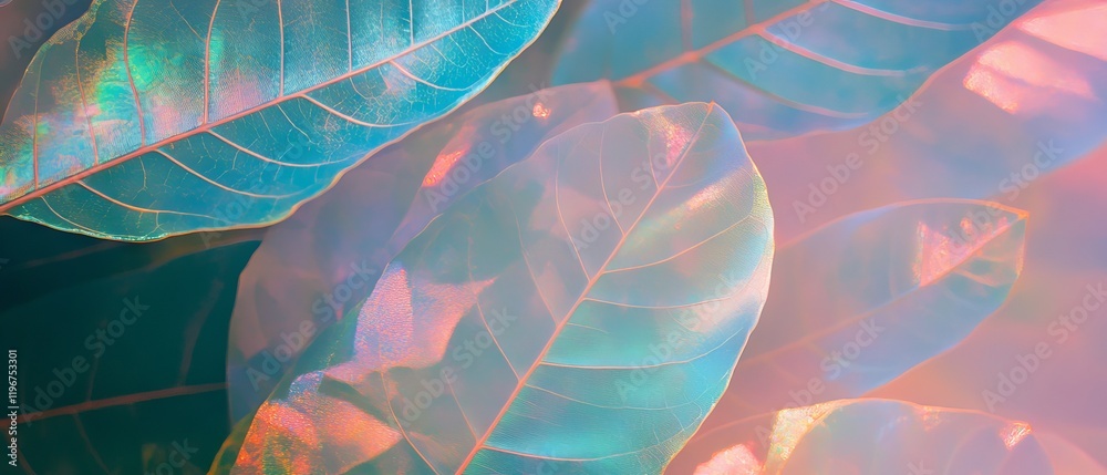Poster delicate leaves showcasing intricate veins and a spectrum of colors under soft light