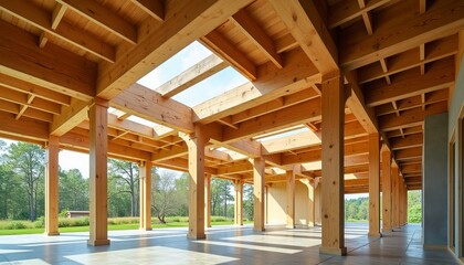 Modern wooden structure with open-air design, showcasing natural light filtering through.