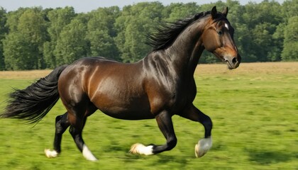 Fototapeta premium Majestic Horse in Full Gallop Across a Green Field