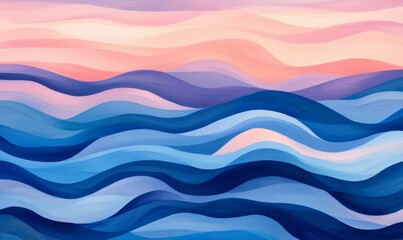 Abstract wave patterns in shades of pink and blue reminiscent of sunset on a tranquil lake, gradient sky, water colors