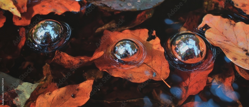Poster dew drops resting on vibrant autumn leaves with reflections captured in spherical shapes