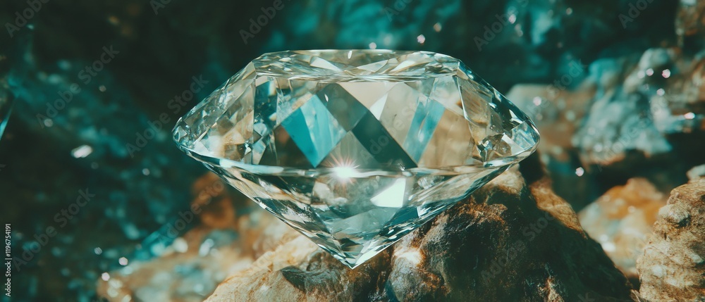 Aufkleber Diamond with sparkling reflections and intricate facets resting on a bed of rocks in a natural setting