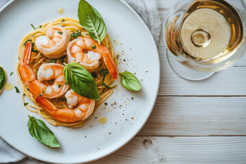 Tasty shrimps with spaghetti and basil on white plate with glass of white wine on wooden table