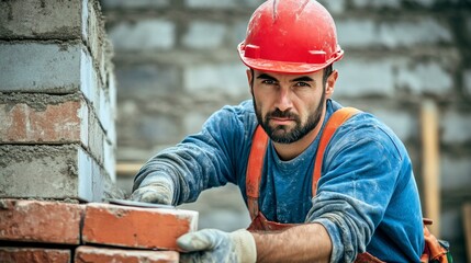 A close-up of a construction worker in a red hard hat and reflective vest, handling a pneumatic hammer and looking at the camera, with a backdrop of construction machinery and scaffolding