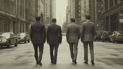Four men in suits walking down a city street.