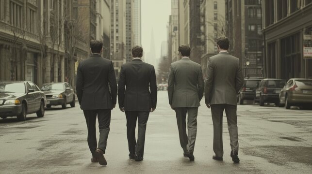 Four men in suits walking down a city street.
