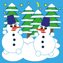 Snowmen illustration. Winter forest scene. Festive holiday design. Vector cartoon drawing. EPS 10.