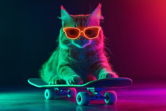 Ginger cat with sunglasses lying on skateboard under colorful neon lights, embodying coolness and swagger
