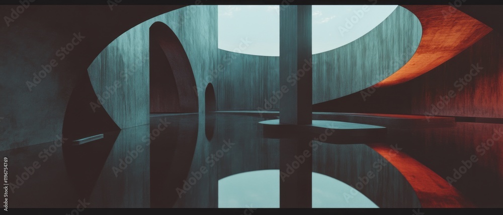 Poster Dull metal structure with matte finish reflecting calm water and unique architectural design