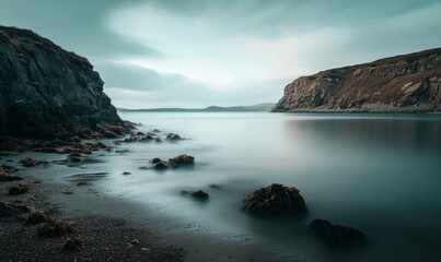 abstracted coastline in the morning with a calm sea and soft focus, coastal scene, coastal landscape