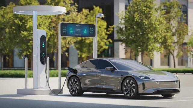 Sleek silver electric car charging at a modern charging station in a city setting.  Clean energy, sustainable transportation, and future of mobility are depicted. 