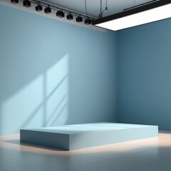 Interior corner wall room blue 3d background of abstract window light stage scene or empty product studio showroom display and blank presentation podium pedestal platform perspective table backdrop