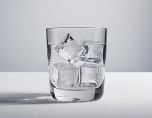 A glass tumbler filled with clear water and ice cubes, creating a refreshing and cool aesthetic.