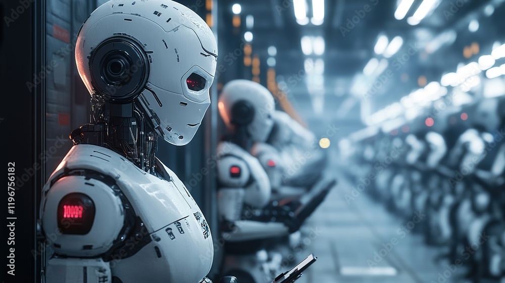 Poster a futuristic factory using ai and robotics for highly efficient production.