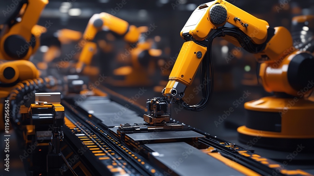 Poster a futuristic factory using ai and robotics for highly efficient production.