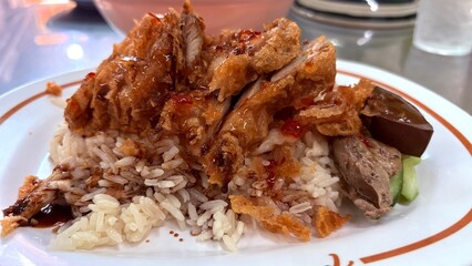 Fired chicken and white rice , food image.