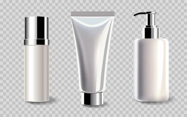 Realistic cosmetic mockups. Bottle and tube for cream. Foundation, lotion, skin care. Blank cosmetic package set.