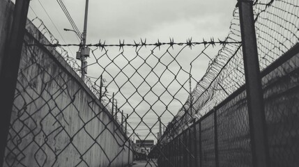 Monochrome view of a chain-link fence with barbed wire, creating a perspective of confinement and restriction.