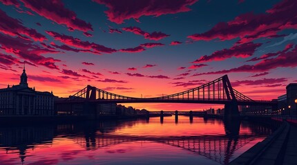 Vibrant sunset over city bridge reflecting in water.