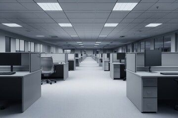 An empty modern office with rows of cubicles, captured in high resolution with the best camera settings for capturing sharp details and realistic textures.
