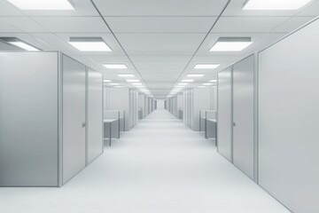 An empty modern office with rows of cubicles, captured in high resolution with the best camera settings for capturing sharp details and realistic textures.