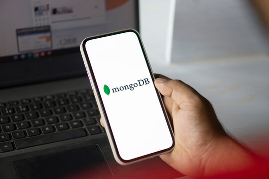 Dhaka, Bangladesh- 12 Dec 2024: mongo DB logo is displayed on smartphone. MongoDB is a source-available, cross-platform, document-oriented database program.