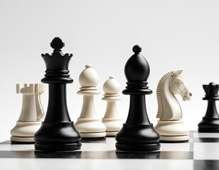 A striking black and white chess set arranged thoughtfully on a minimalist board.