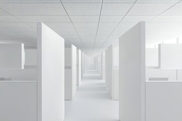 Obraz premium An empty modern office with rows of cubicles, captured in high resolution with the best camera settings for capturing sharp details and realistic textures.