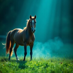 Majestic brown horse standing in misty field.