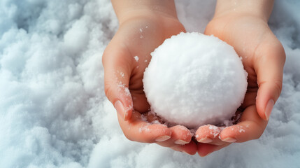 Fototapeta premium Close-up of hands holding a snowball on snowy winter background.