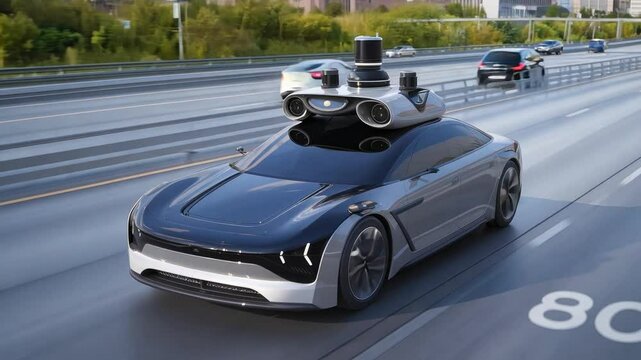 A sleek futuristic car with advanced technology, including a sensor array on its roof, navigates a busy highway, showcasing the evolution of transportation.