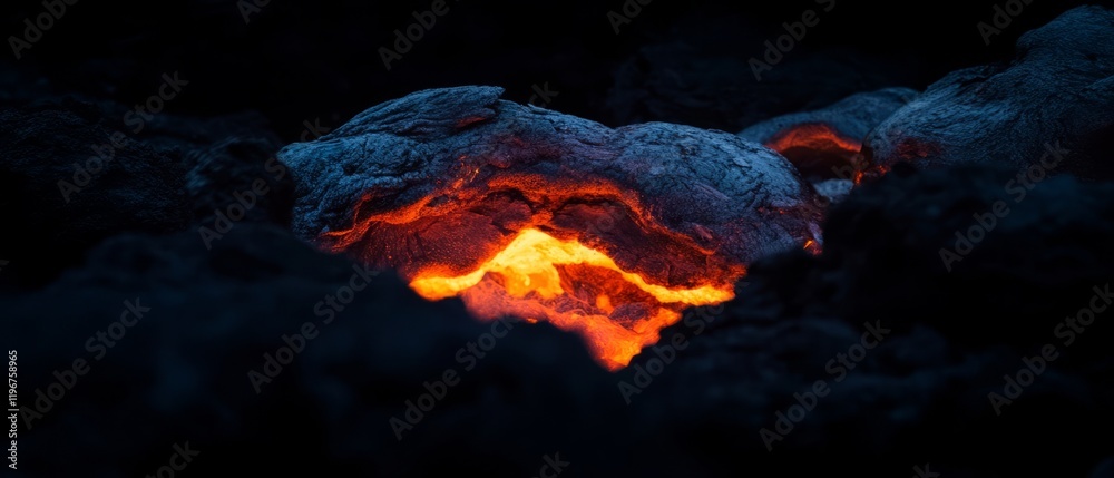 Poster flowing lava with molten rock creating a fiery glow in a volcanic landscape