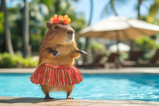 Capybara with flower crown wearing hawaiian skirt dancing by the poolside of a tropical resort