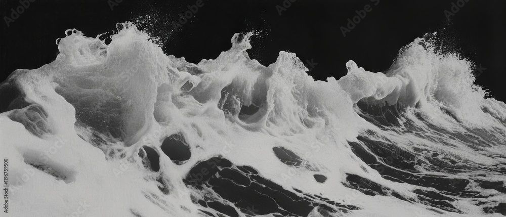 Poster foaming waves create dynamic shapes with powerful whitecaps along the coast at sunset