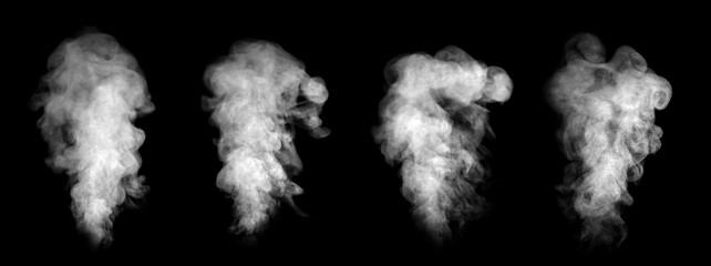 Close-up photo set of abstract white smoke or vapor floating on black background. Fog and cloud effect for air pollution design. Smog elements	
