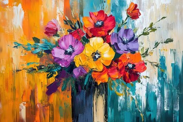 Vibrant Abstract Painting of Flowers in a Cross-Shaped Arrangement