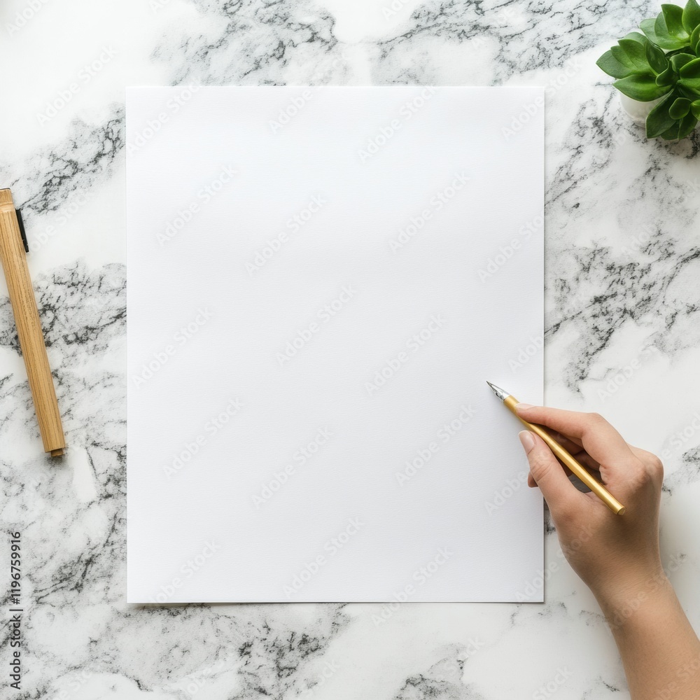 Poster blank sheet of paper on marble surface with hand holding pen ready to write creative thoughts or ide