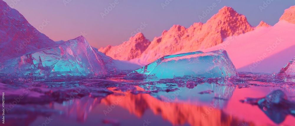 Poster fractured ice with sharp edges reflects vibrant colors in a serene icy landscape