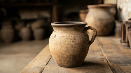 Rustic clay jug on wooden table.